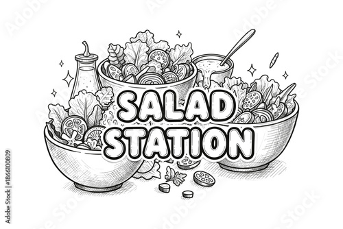 Hand drawn salad station design featuring fresh ingredients and decorative text