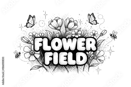 Hand drawn floral lettering with butterflies and bees in monochrome style