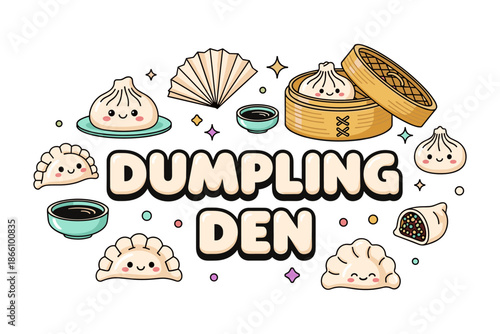 Kawaii dumpling characters with soy sauce and bamboo steamers in cute style