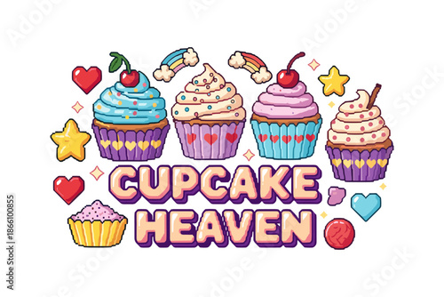 Colorful cupcake heaven design with decorative toppings and icons