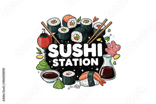 Colorful cartoon sushi station with nigiri and rolls illustration