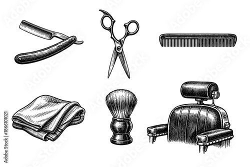 Vintage barber tools collection: razor, scissors, comb, towel, brush, chair