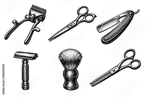 Retro barber tools collection: vintage scissors, razors, and shaving brush in engraved style