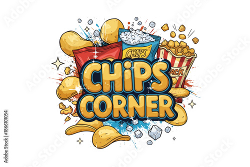 Colorful snack explosion with chips and popcorn in comic style