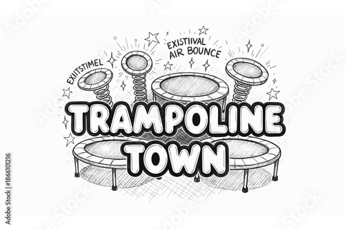Monochrome trampoline play area with fun elements and catchy text
