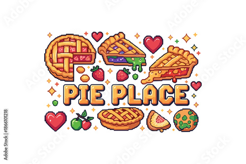 Pixel art dessert delight: colorful pies and fruits with pixel hearts