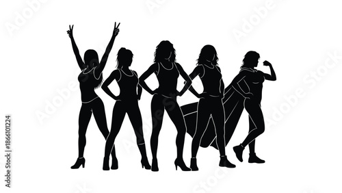Five confident women in black silhouette poses with various hand gestures on white background, illustration of female empowerment and friendship