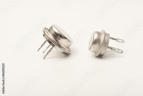 An old bipolar transistor.  A bipolar transistor in a metal case. A powerful transistor.