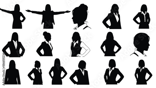 Collection of 15 black silhouette illustrations of businesswomen in various professional poses and outfits on white background with businesswoman