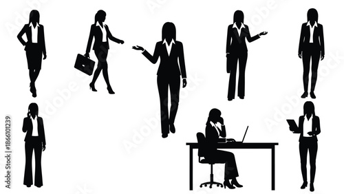 Silhouette of businesswoman in various professional poses and activities, black and white illustration of female office worker with graphic