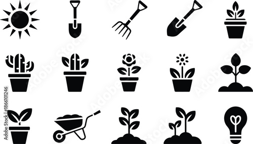 Gardening and plant care icon set featuring tools, flowers, seedlings, sun, and growth symbols, black vector nature illustrations isolated