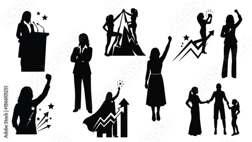 Black silhouettes of business people and family members in various poses, celebrating success and achievement on white background, vector graphics