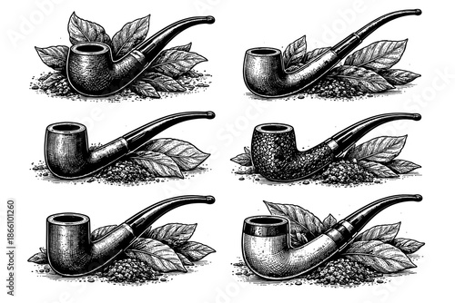 Vintage smoking pipes with tobacco leaves in black and white engraving style