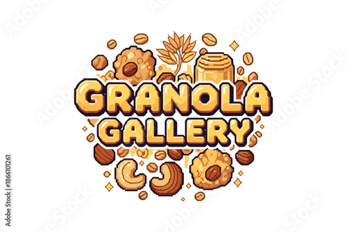Crunchy granola art with honey and nuts in pixel style