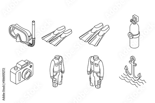 Isometric diving gear: snorkeling mask, fins, and camera line art collection