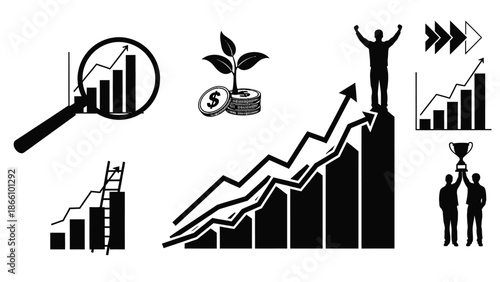 Business success concept with graphs, charts, growing plant, magnifying glass, and triumphant person on a bar graph peak with arrows, coins, and trophy