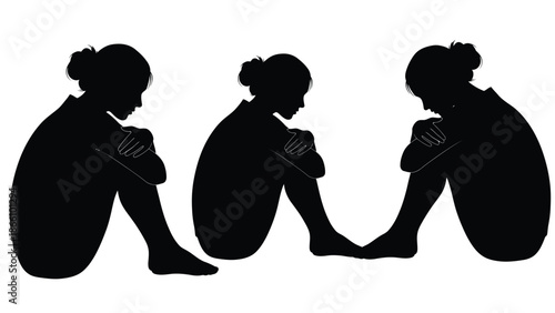 Three sad young girls sitting in a row with their heads down, silhouette illustration of depressed children, emotional state, mental health concept