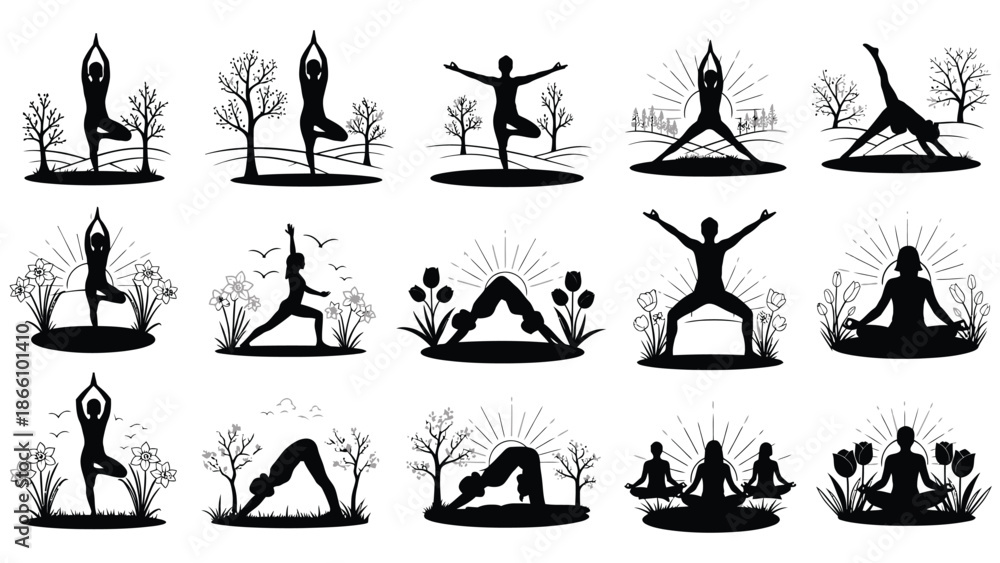 Obraz premium Collection of various yoga poses and exercises in nature, silhouette illustrations of people practicing yoga outdoors in different positions and settings