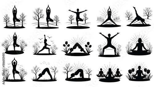Collection of various yoga poses and exercises in nature, silhouette illustrations of people practicing yoga outdoors in different positions and settings