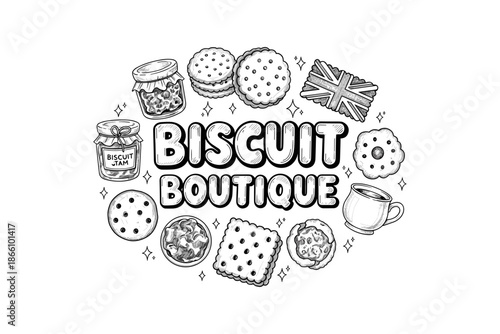 Biscuit boutique: vintage black and white bakery design with cookies and tea