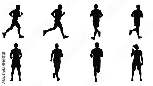 Eight black silhouette illustrations of men running and standing in various athletic poses on white background for fitness and sports concepts