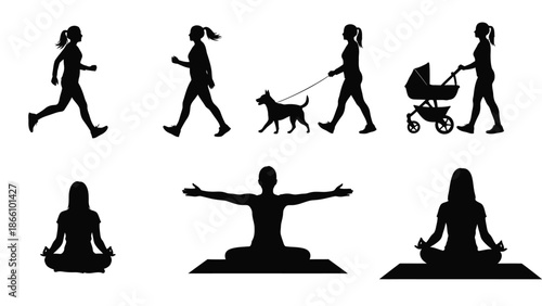 Black silhouettes of people exercising and relaxing outdoors, running, walking dog, pushing stroller, meditating, yoga, fitness and wellness vector graphics