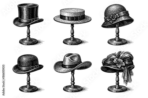 Vintage fashion headwear collection: classic hats on stands with detailed engraving