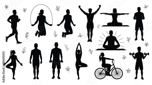 Set of black silhouettes of people exercising and practicing yoga and fitness activities with leaves on white background with wellness and exercise