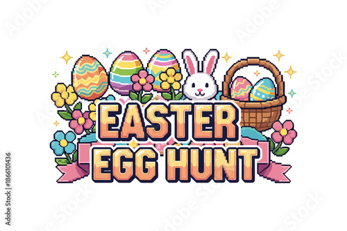 Retro pixel art easter egg hunt with bunny, basket and floral decorations