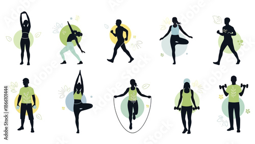 Collection of people engaging in various fitness activities and exercises in silhouette, jumping rope, yoga, and weightlifting on white background with colorful circles