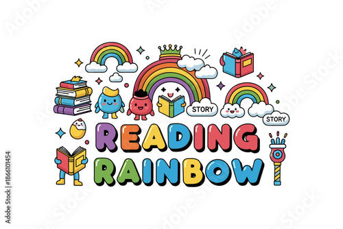 Colorful cartoon characters enjoying a reading adventure with rainbows and books