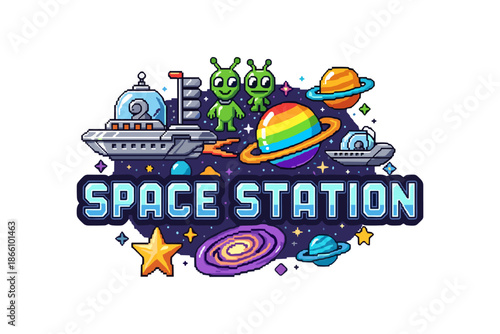Pixel art space station with aliens and planets in vibrant colors