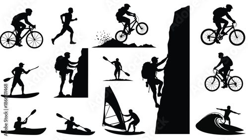 Collection of people engaging in various outdoor sports and activities, including cycling, running, climbing, surfing, windsurfing, and kayaking in silhouette