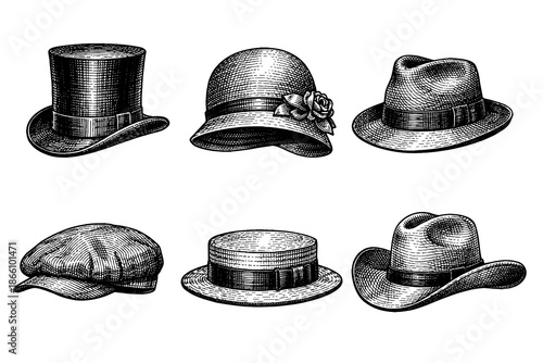 Vintage hat collection in engraved style featuring classic headwear designs