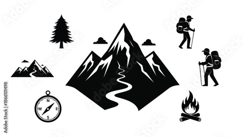 Black silhouette graphic illustration of hikers with backpacks climbing mountain peaks with snow, tree, compass, campfire and clouds on white background for adventure