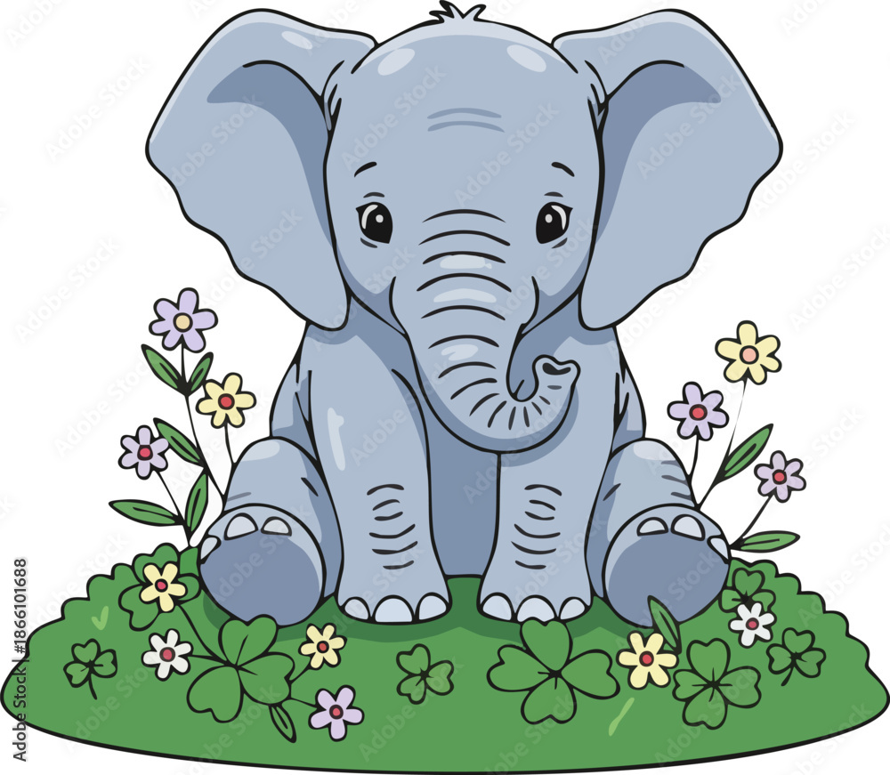 Naklejka premium Cute Baby Elephant Cartoon Sitting on Green Grass Patch