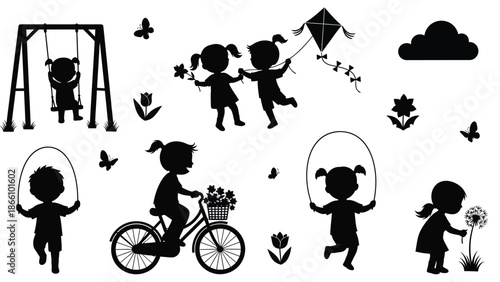 Silhouette illustration of children playing outside on a sunny day with swings, flowers, kite, bicycle, and butterflies, kids enjoying leisure activities in a park