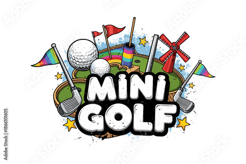 Colorful mini golf course with windmill and flags in cartoon style