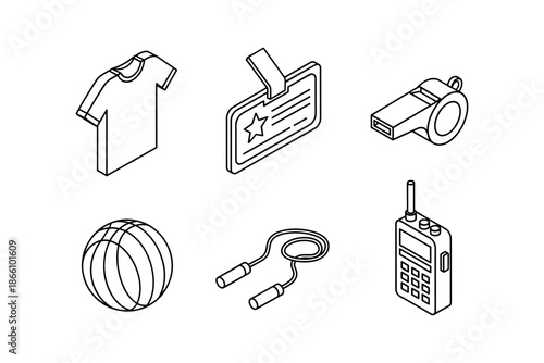 Sport and communication icons in linear style featuring t-shirt, badge, whistle, ball, rope, walkie talkie