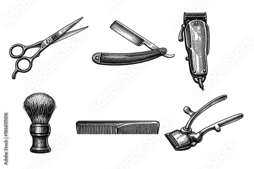 Vintage barber tools set featuring scissors, razor, and clippers in detailed engraving style