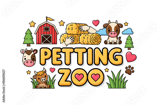 Colorful petting zoo design with barn, animals, and nature elements