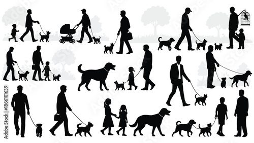 Black silhouette illustrations of people walking dogs in park with trees and house background with black and white and vector graphic and pet owners