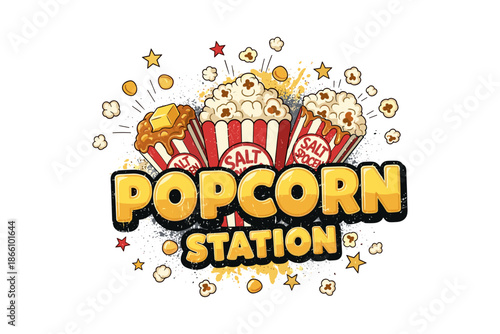 Popcorn station with three striped buckets and buttered topping, flat style