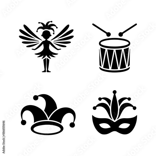 Carnival Silhouettes: An artistic montage featuring a fairy, a drum, a jester's hat, and a masquerade mask, each a silhouette in this lively scene of celebration. 
