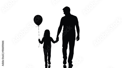 Silhouette of a man and a little girl holding hands walking with a balloon on a white background, a symbolic representation of safety, protection, and childhood innocence