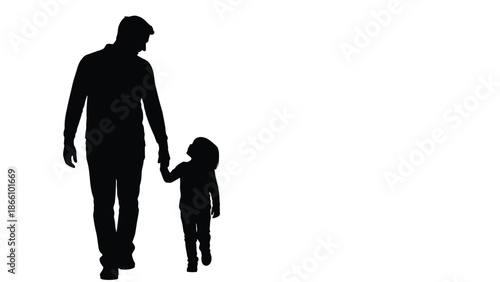 Silhouette of a man and a child walking hand in hand on a white background, a tender moment between adult and kid with man and child and family