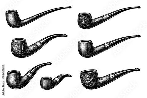 Vintage pipe set: detailed black and white smoking pipe collection