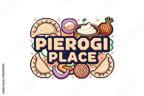Pixel art pierogi place logo with dumplings and onions