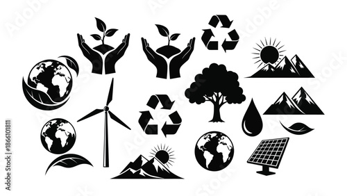 Eco friendly symbols and icons for sustainable living and environmental conservation on white background with renewable energy and solar power