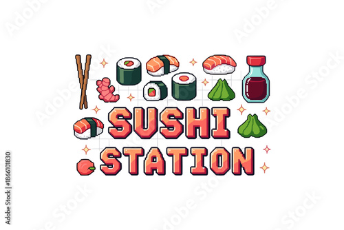 Retro pixel art sushi design with nigiri, rolls, and sauces